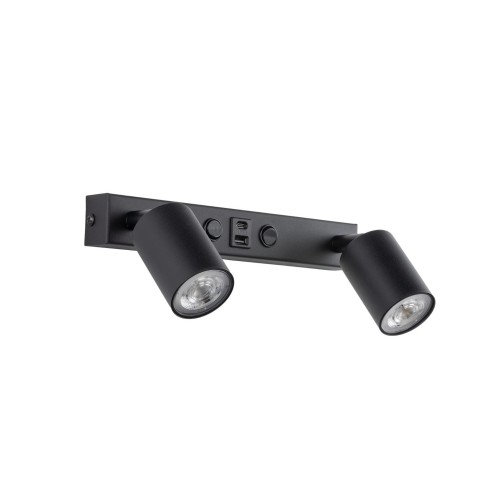 Nowoczesny czarny kinkiet 2 reflektorki, 2 włączniki, 2x USB 11356 TK Lighting